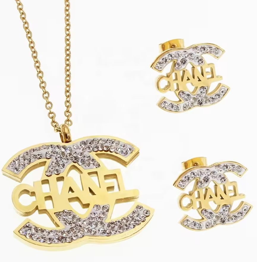 Chanel 18k Gold Plated Necklace & Earrings Set