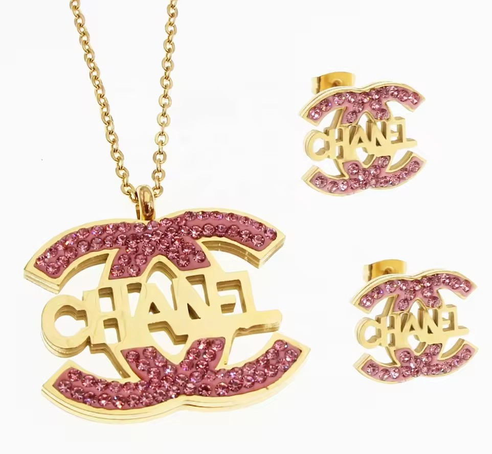 Chanel 18k Gold Plated Necklace & Earrings Set (Pink)