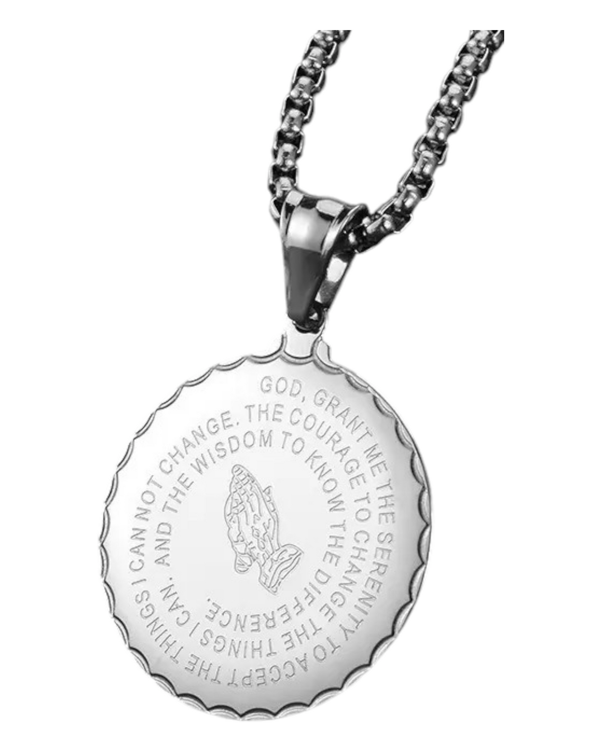 Serenity Prayer Necklace with Praying Hands - Silver